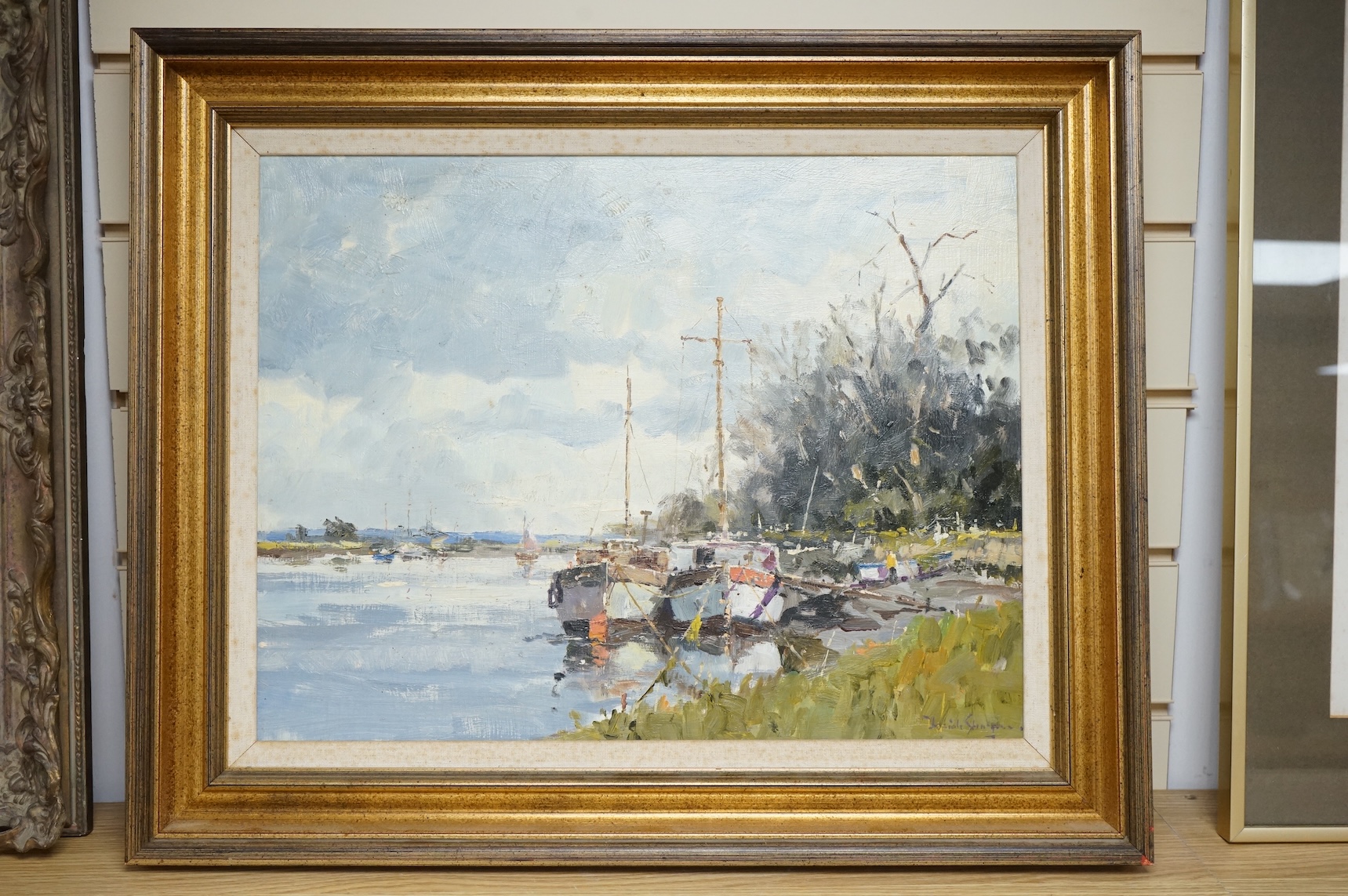 Josiah John Sturgeon (1919-1999), oil, 'Boats on the River Crouch, Holbridge, Essex', signed, 34 x 43cm